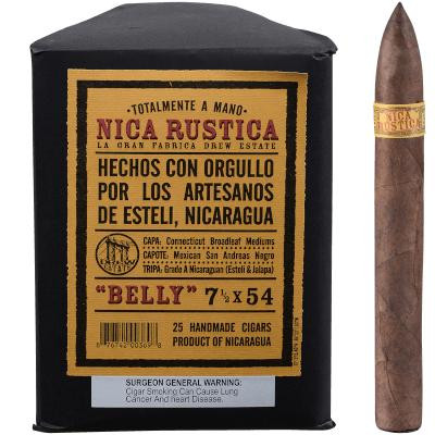 Drew Estate Nica Rustica Belly Cigars 25 Ct. Bundle, a black box with yellow label and a single cigar with the Nica Rustica band positioned upright next to the box.