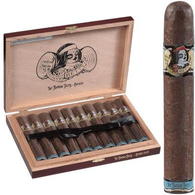 Drew Estate Deadwood Fat Bottom Betty Gordito Cigars 10 Ct. Box, open wooden cigar box with ten cigars featuring distinctive band designs.