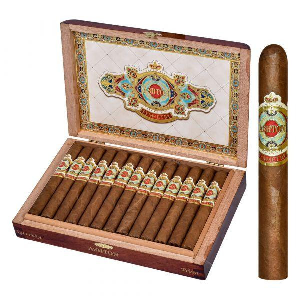 Ashton Cigars Ashton Symmetry Prism Cigars 25Ct. Box, an open wooden cigar box filled with neatly arranged cigars and one individual cigar standing upright beside it.