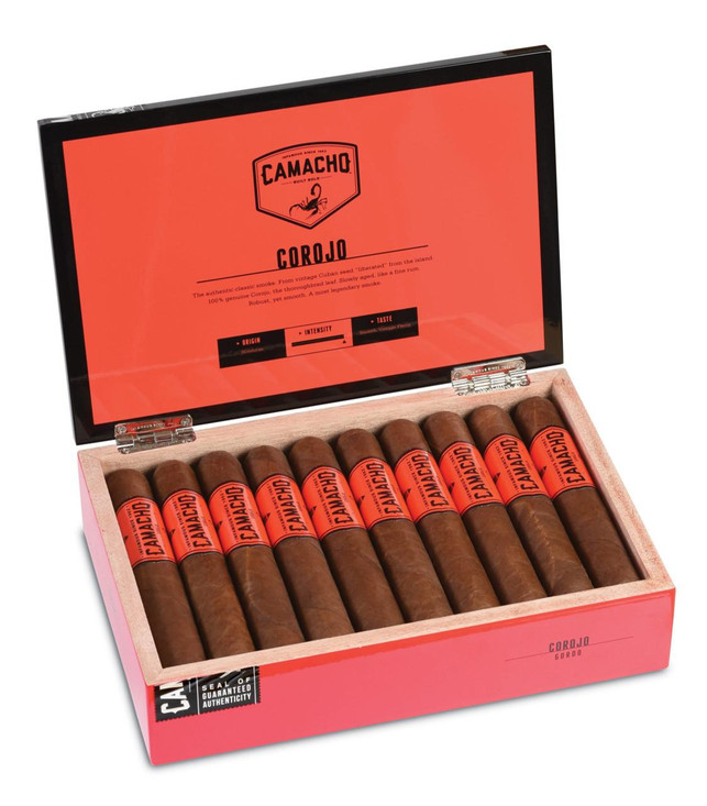 Camacho Corojo Gordo Cigars 20Ct. Box, open pink and black cigar box with 20 cigars featuring red bands with black text and a black scorpion logo inside.
