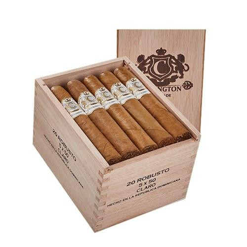Carrington Robusto Cigars 20Ct. Box, open wooden cigar box containing 20 cigars with gold and white bands, branded with the Carrington logo.