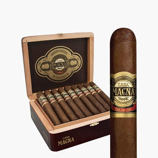 Casa Magna Colorado Churchill Cigars 27 Ct. Box, opens to reveal 27 cigars inside a wooden humidor with a label on each cigar.