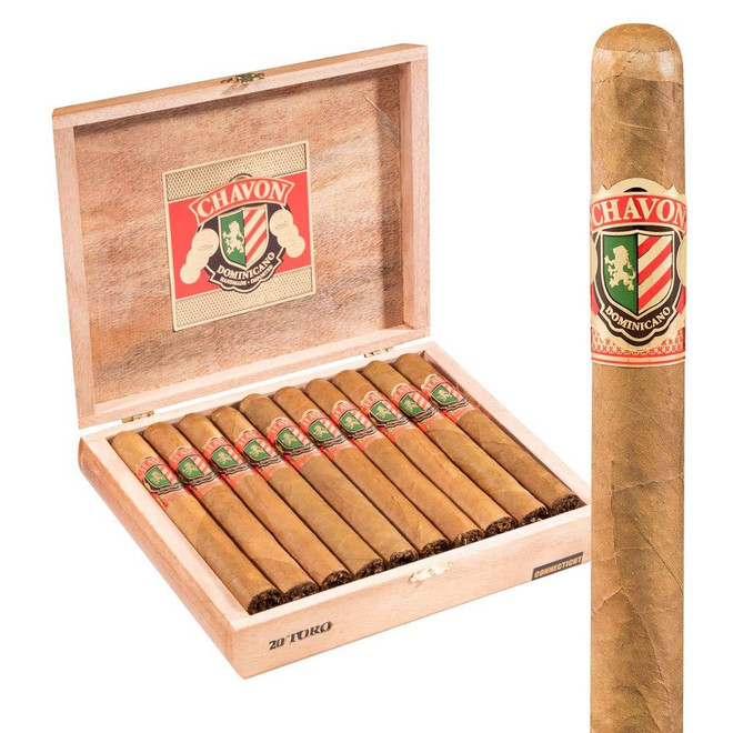 Chavon Connecticut Toro Cigars 20Ct. Box, opened wooden cigar box containing 20 cigars with Chavon Cuban cigar band, and a single cigar with Chavon band, original packaging.