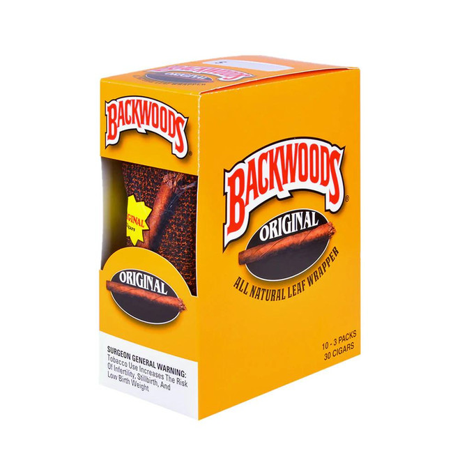 Backwoods Original Wild N' Mild Cigars, packaging of 10 packs of 3 cigars each, featuring a bright yellow box with the Backwoods logo and an image of a cigar on the front, all natural leaf wrapper.