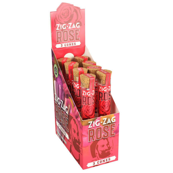 Zig Zag Rose Petal Pre-Rolled Cones 3pk, colorful display box with three pre-rolled cones featuring rose petal design and branding.