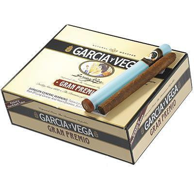 Swedish Match Garcia Y Vega Gran Premios Cigars 30Ct. Box, featuring a box of cigars with a single cigar placed on top, highlighting the product packaging and cigars