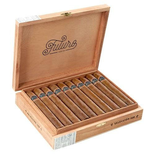 Warped Futuro Cigars, open wooden cigar box containing multiple cigars neatly arranged with visible branding and packaging.