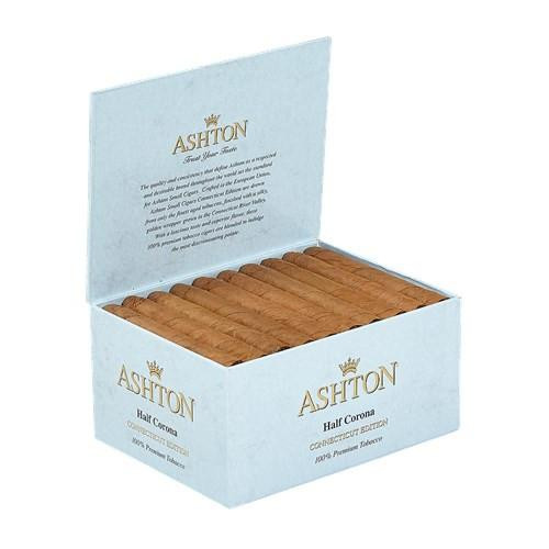 Ashton Cigars Half Corona Connecticut Cigars 50Ct. Box, an open box of light brown cigars with a blue and gold branded exterior.