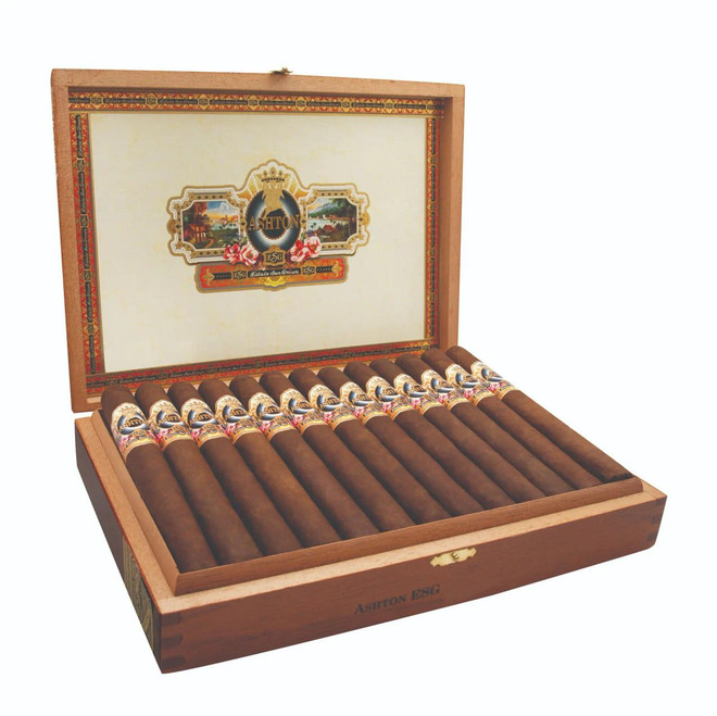 Ashton Cigars Ashton Estate Sun Grown 20-Year Salute Cigars 25 Ct. Box, open wooden cigar box displaying 25 cigars with detailed band, interior and exterior branding.