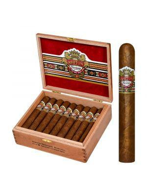 Ashton Cigars Ashton Heritage Puro Sol Robusto Cigars 25Ct. Box, open wooden cigar box containing 25 cigars with a single cigar outside the box, featuring a detailed band.