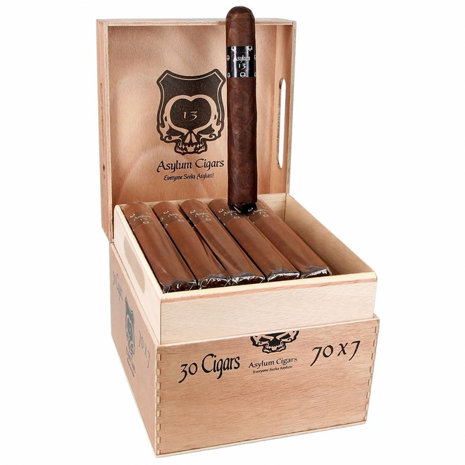 Asylum 13 Seventy Gordo Cigars 30Ct. Box, wooden cigar box containing 30 cigars with one cigar displayed upright, featuring black and metallic band, with logo and branding on the box.