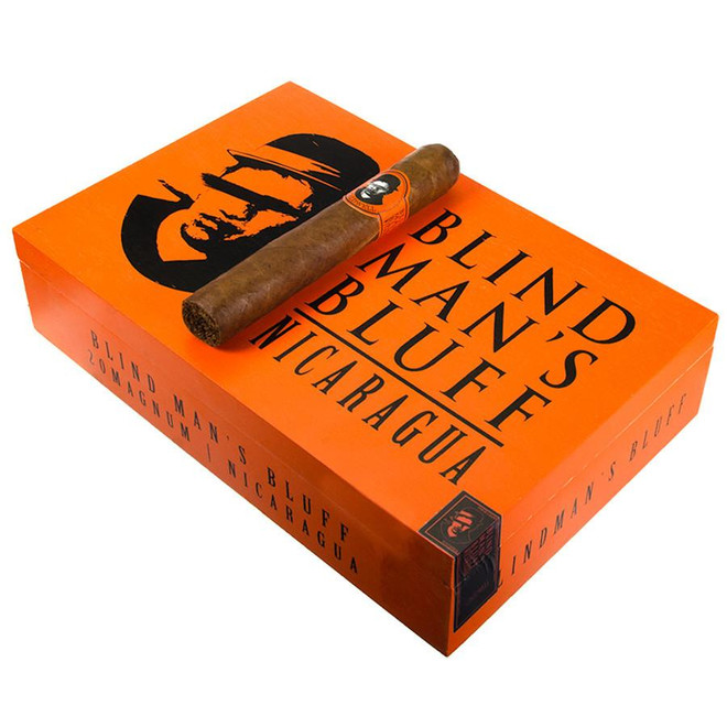 Caldwell Blind Man's Bluff Nicaragua Magnum Cigars 20Ct. Box, an orange cigar box with bold black text and logo, with a single cigar resting on top.