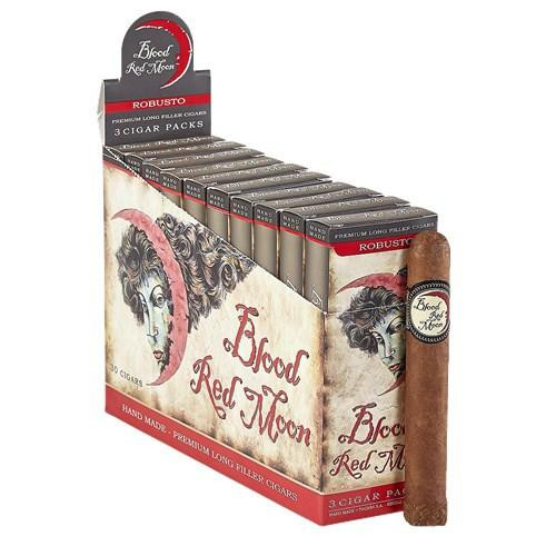 Blood Red Moon Robusto Cigars 30Ct. Pack, display of cigar packs with a single cigar in front, featuring vintage-style artwork and branding.