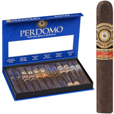Perdomo Connoisseur Collection Maduro Cigars 12ct. Box, a blue box containing 12 cigars with labels, and one cigar standing upright displaying its band.