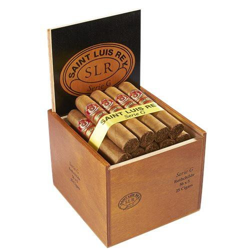 Saint Luis Rey Serie G Natural Cigars, open wooden box containing 25 cigars with bands, inside a black and brown box with Saint Luis Rey logo and branding.