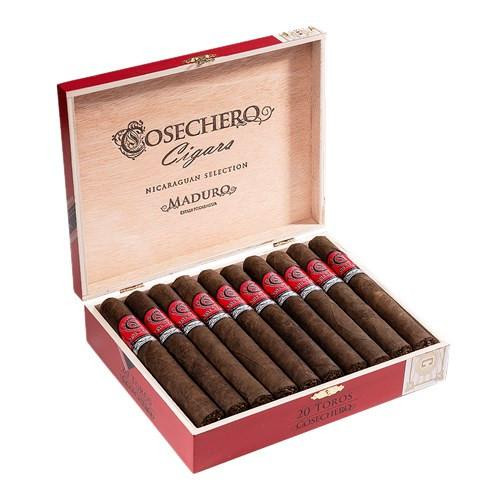 Cosechero Maduro Toro Cigars 20Ct. Box, open wooden box displaying 20 cigars with red bands.