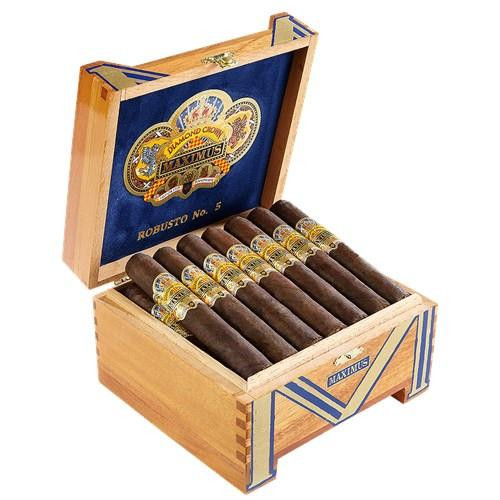 Diamond Crown Maximus Double Corona #1 Cigars 20Ct. Box, open wooden cigar box displaying ten cigars with yellow and blue band, interior lined and decorated with diamond crown logo