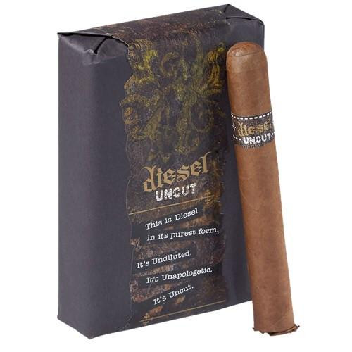 Diesel Uncut Robusto Cigars 10 Ct. Pack, image of a brown cigar with Diesel Uncut band standing beside a black box with gold design.