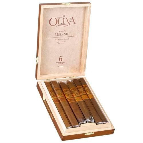 Oliva Serie V Melanio Cigar Sampler 6ct, wooden cigar box with six premium cigars inside.