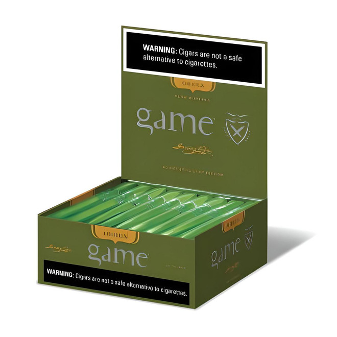 Game Cigars Palma Green 40Ct.Box, green cigar box with multiple cigars inside and warning label on top and front.