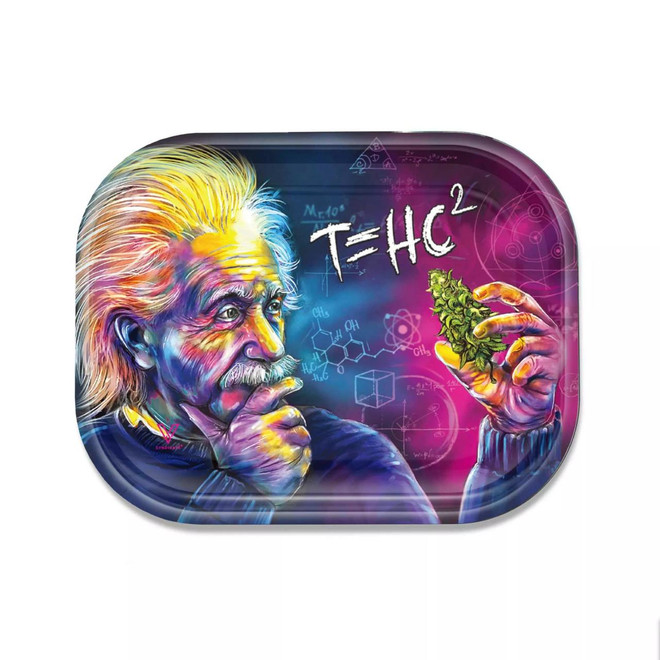 V Syndicate Metal Rolling Tray Medium THC, colorful artistic illustration of Albert Einstein pondering and holding a cannabis bud, with scientific formulas and geometric designs in the background.