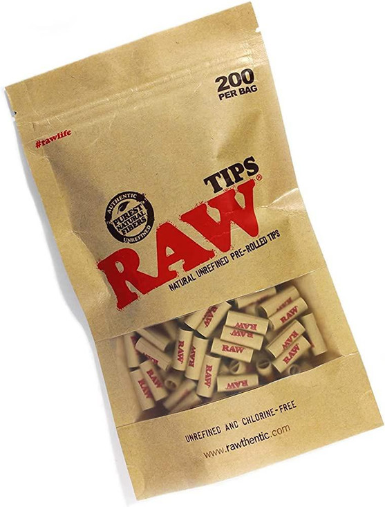 RAW Classic Pre-Roll Tips 200ct, a package of natural unrefined pre-rolled tips for rolling cannabis or herbs.