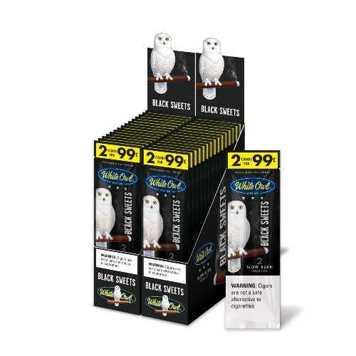 Swedish Match White Owl Cigarillos Black Sweet 30/2Ct, display box of cigarillos with owl mascot on packaging.