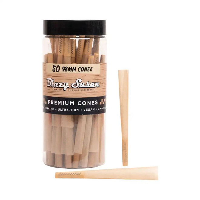 Blazy Susan 98Mm Brown Pre-Rolled Cones 50Ct, a clear container filled with pre-rolled brown cones with two cones placed outside the container.
