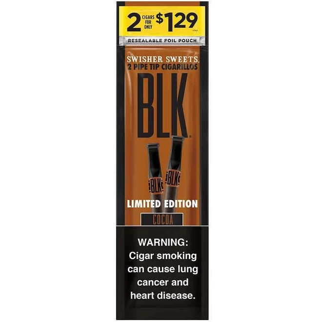 Swisher International Swisher Sweets BLK Cigars Cocoa Foil 15/2, resealable foil pouch containing two cocoa-flavored cigars with black and orange packaging, limited edition product.