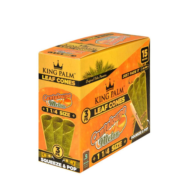 King Palm Wraps King Palm Leaf Cones Cantaloupe Melon 1 1/4 15/3Ct, promotional packaging of natural palm leaf cones with cantaloupe melon flavor in orange and green colors.