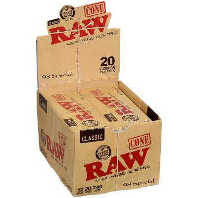 RAW Classic Cones 98 Special 12ct/20ct, cardboard box filled with pre-rolled rolling cones, branded with RAW logo and product details.