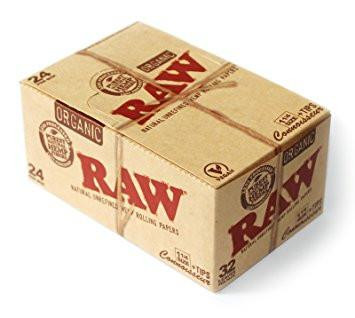 RAW Classic Coonoisseur 1 1/4 Slim with Tips, a box of organic rolling papers for cigarettes.