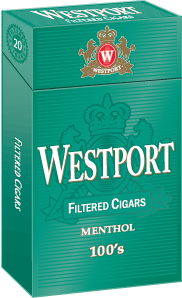 WestPort Tobacco Westport Filtered Cigars Menthol, green pack of menthol-flavored filtered cigars with the Westport logo.