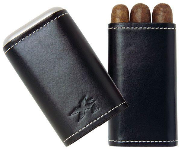 Xikar XIKAR ENVOY 3 Cigar Case Black, stylish black leather cigar case with white stitching and three cigars inside.