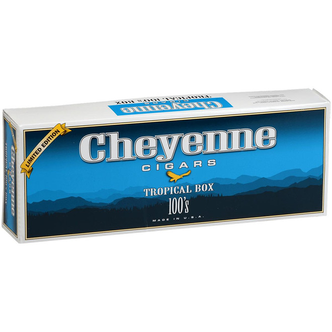 Cheyenne International Cheyenne Filtered Cigars Tropical 10/20 Packs, limited edition box with a blue mountain landscape design and a yellow logo.