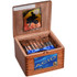 Drew Estate Acid Cigars Blue Blondie 40 Ct. Box, an open wooden box displaying a pack of flavorful cigars with a blue ribbon at the bottom, and a colorful Acid Cigars promotional card attached inside the lid.