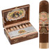 My Father Cigars Mf The Judge Grand Robusto 23 Ct. Box, an open wooden box containing 23 cigars with colorful branding and artwork, alongside a single, large, hand-rolled cigar with a decorative band.