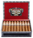 Alec Bradley American Classic Blend Robusto Cigars 24Ct. Box, opened cigar box showcasing neatly arranged cigars with detailed labels inside a decorative red and black packaging.