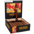 Drew Estate Nica Rustica Broadleaf Belly Cigars 25 Ct Box, a black box with an open lid showing five cigars wrapped in broadleaf, with colorful illustrations of houses and leaves on the packaging.