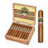 Ashton Cigars Ashton Cabinet Selection Cigars Tres Petite Cigars 25Ct. Box, featuring a wooden humidor open to reveal neatly arranged cigars with detailed banding beside a single cigar showing the packaging and branding.