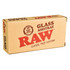 RAW Classic Pack Glass Ashtray, 6x3 inches, in a cardboard packaging box indicating authentic deep ash cavity design.
