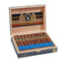 Victor Sinclair Connecticut Yankee Cigars, an opened wooden cigar box containing 20 robusto cigars with blue and gold bands, and a detailed interior lid design.
