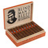 Caldwell Blind Man's Bluff Nicaragua Robusto Cigars 20Ct. Box, an open wooden cigar box containing twenty cigars with orange and black labels, featuring a logo of a man wearing a hat on the lid.