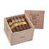 Bolivar CofradiaNo. 554 Robusto Cigars 24Ct. Box, open wooden cigar box showcasing neatly arranged cigars with a yellow band and the Bolivar logo, with the box lid displaying the Bolivar and Cofradia branding.