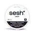 Sesh Tobacco Free Nicotine Pouch Unflavored 6mg, round white container with black and white labeling, indicating 20 nicotine pouches, made in Sweden, and featuring a warning about nicotine addiction.