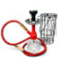 The Chico MYA Hookah with wire Basket, modern water pipe for smoking, featuring a red hose, glass base, metal stem, and an accompanying wire basket.