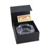 RAW Lead Free Crystal Ashtray, clear lead-free crystal ashtray with cut design, presented in black gift box with product information.