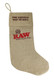 RAW Raw Burlap Holiday Stocking - 17, burlap Christmas stocking with printed text and logo design.