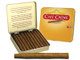 Cafe Creme Cigarillos 5 Tins of 20, open tin showcasing cigars inside with one cigar outside the tin, yellow and red packaging design.