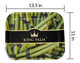 King Palm Rolling Tray large - Royal, a black tray with a gold crown logo and numerous rolled leaves with green leaf wraps, designed for rolling and preparing herbs.